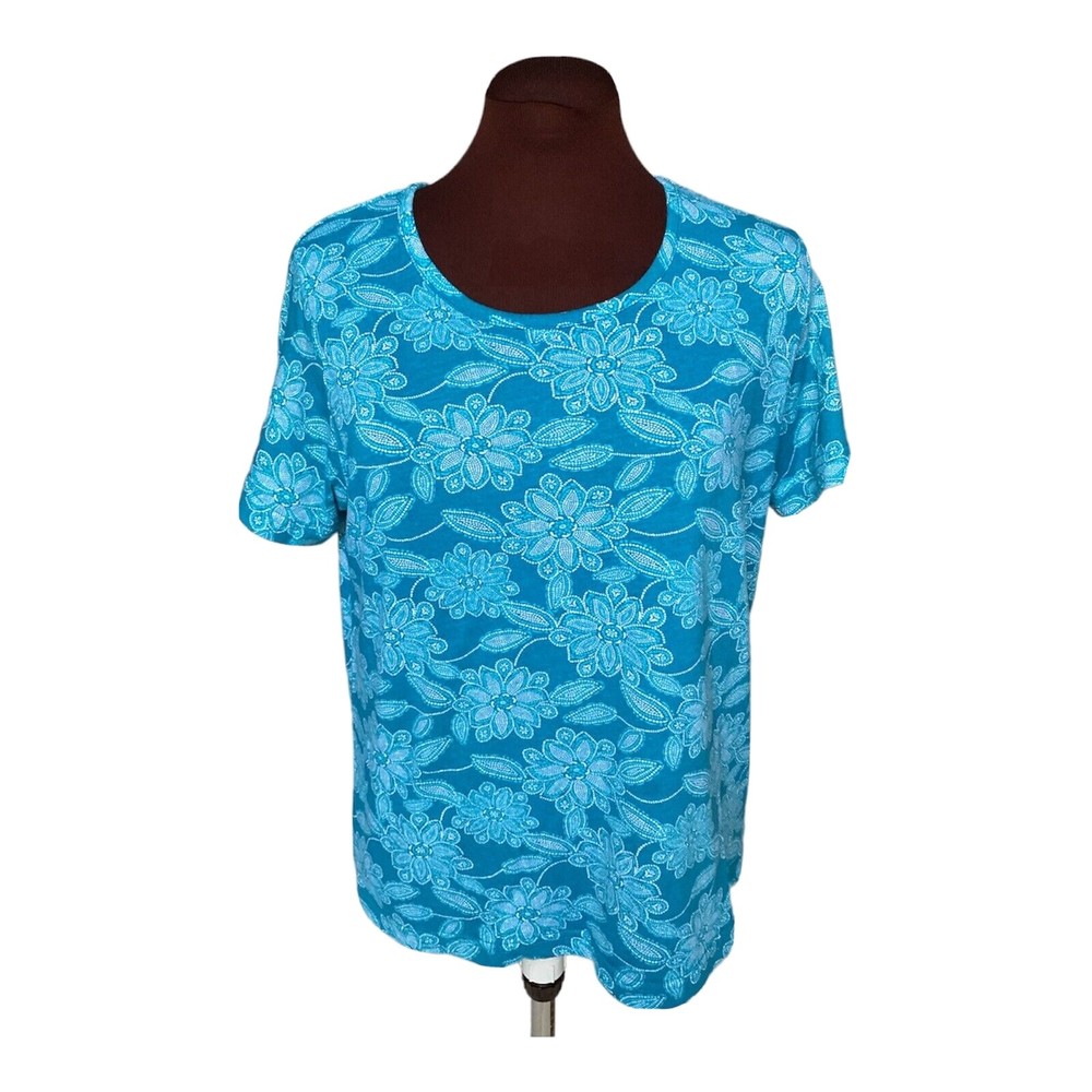 Boca Bay Womens Blue Floral Round Neck Short Sleeve Top Size Medium